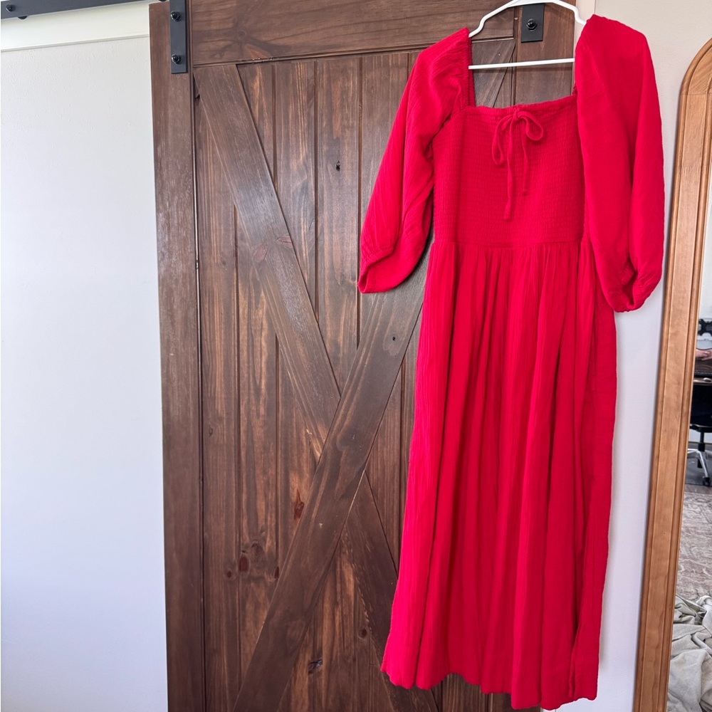 Red Long Puff-Sleeve Maxi Dress - Classic Women's Dress